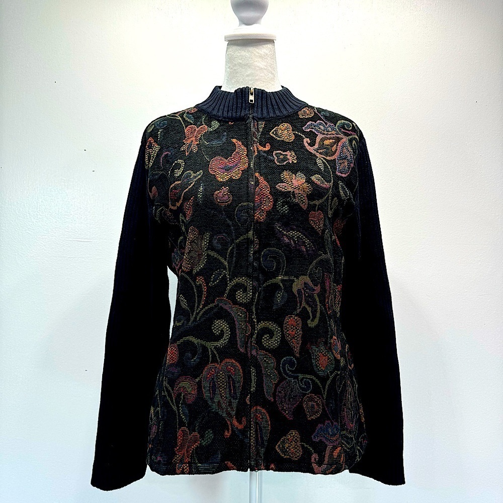 Christopher & Banks Black Ribbed w Jewel Tone Jacquard Floral Zip Front Cardigan - Picture 7 of 12